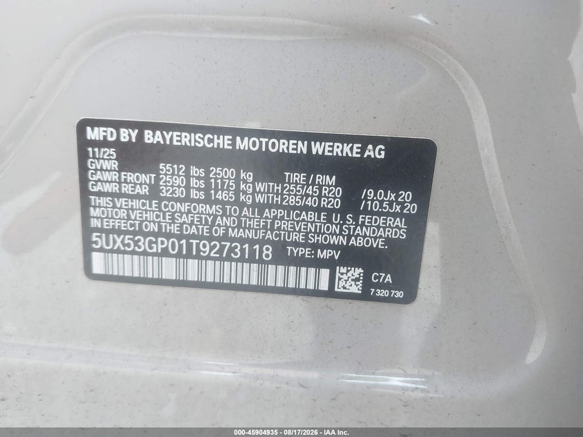 BMW X3 2026 VIN 5UX53GP01T9273118
