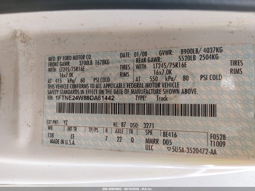 FORD E-250 2008 VIN 1FTNE24W88DA61442