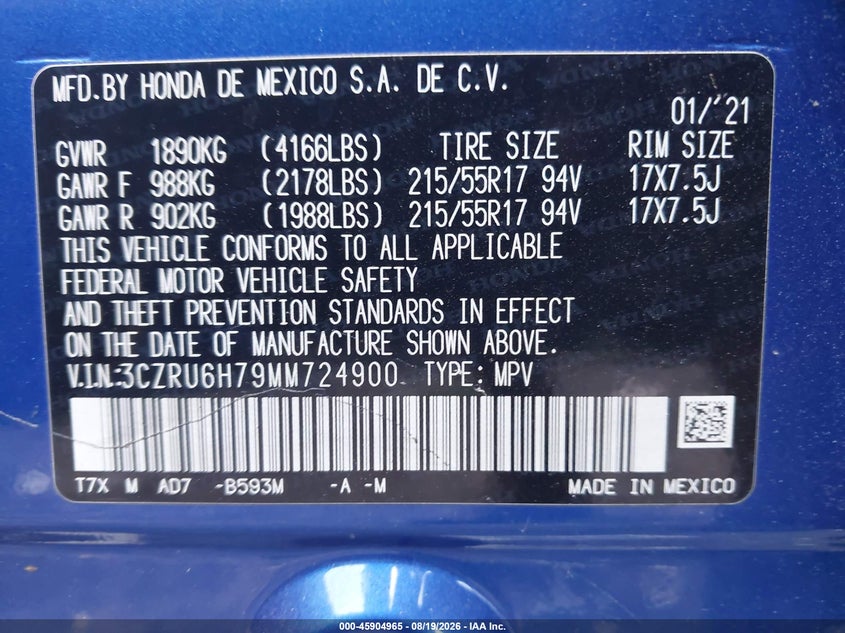HONDA HR-V 2021 VIN 3CZRU6H79MM724900