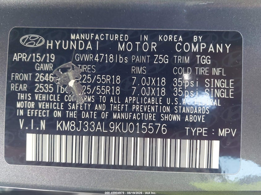 HYUNDAI TUCSON 2019 VIN KM8J33AL9KU015576