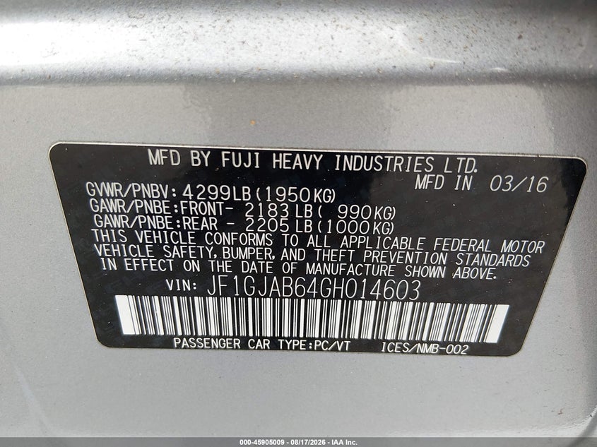 SUBARU IMPREZA 2016 VIN JF1GJAB64GH014603