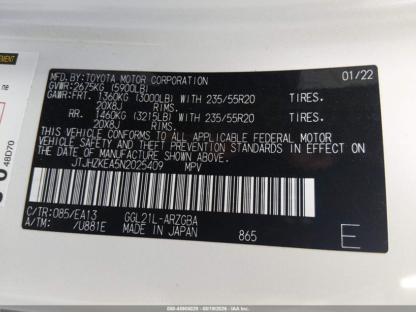 LEXUS RX 350L 2022 VIN JTJHZKEA5N2025409