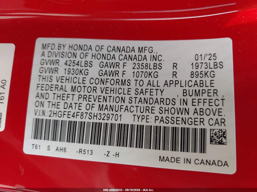 HONDA CIVIC HYBRID 2025 VIN 2HGFE4F87SH329701