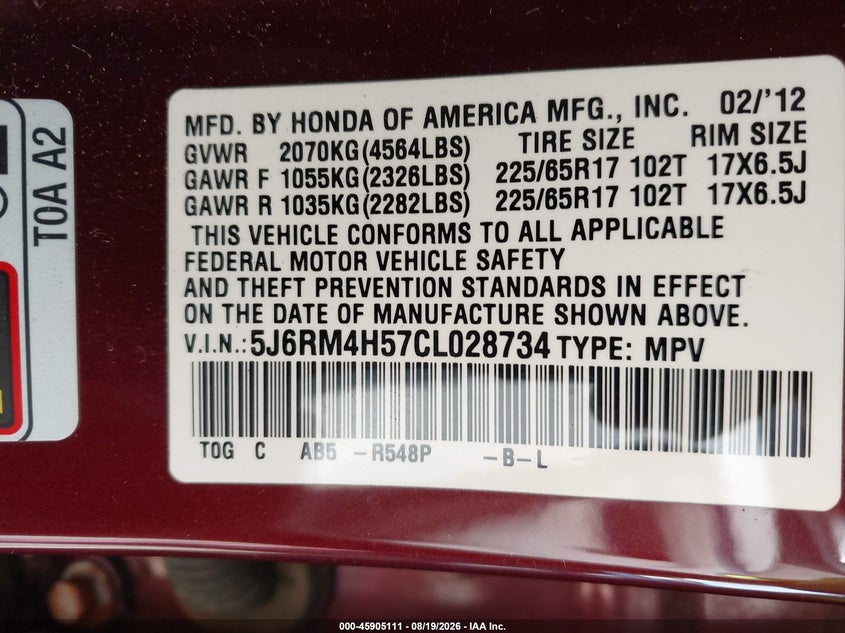 HONDA CR-V 2012 VIN 5J6RM4H57CL028734