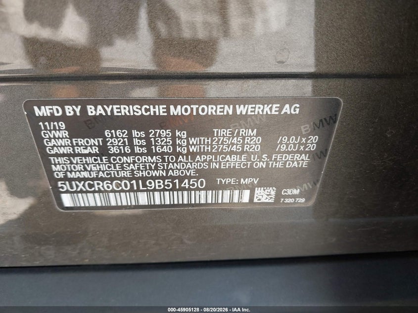 BMW X5 2020 VIN 5UXCR6C01L9B51450