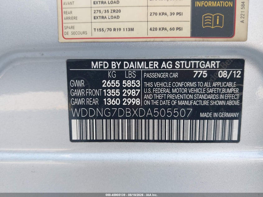 MERCEDES-BENZ S 550 2013 VIN WDDNG7DBXDA505507