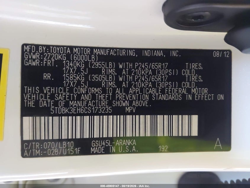 TOYOTA HIGHLANDER 2012 VIN 5TDBK3EH6CS173235