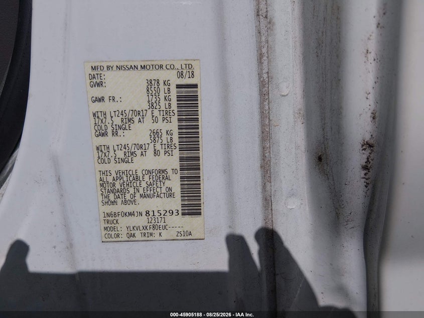 NISSAN NV CARGO NV1500 2018 VIN 1N6BF0KM4JN815293