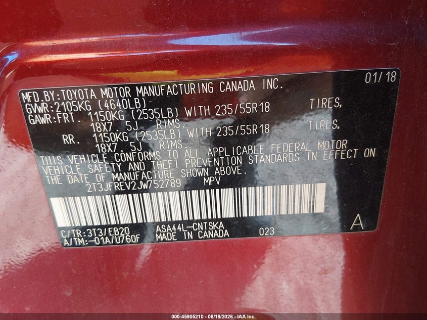 TOYOTA RAV4 2018 VIN 2T3JFREV2JW752789