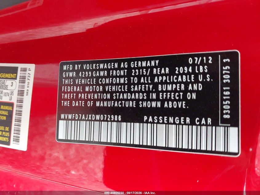 VOLKSWAGEN GTI 2013 VIN WVWFD7AJXDW072986