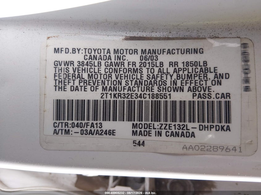 TOYOTA MATRIX 2004 VIN 2T1KR32E34C188551