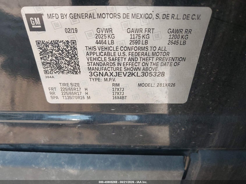 CHEVROLET EQUINOX 2019 VIN 3GNAXJEV2KL305328