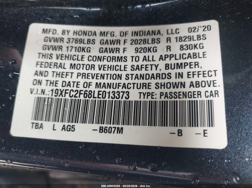 2020 HONDA CIVIC SEDAN 2.0L I-4 DOHC, VVT, 158HP