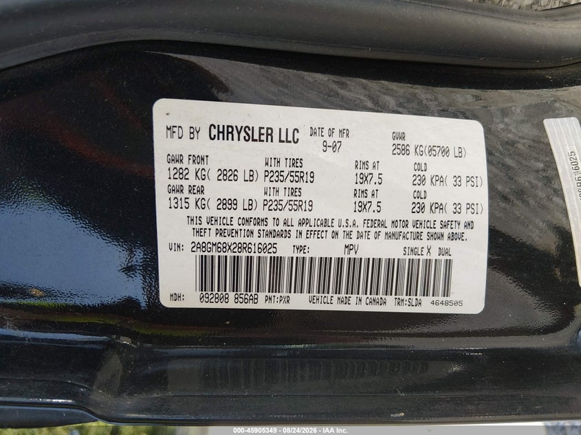 CHRYSLER PACIFICA 2008 VIN 2A8GM68X28R616025
