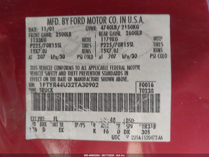 FORD RANGER 2002 VIN 1FTYR44U32TA30902