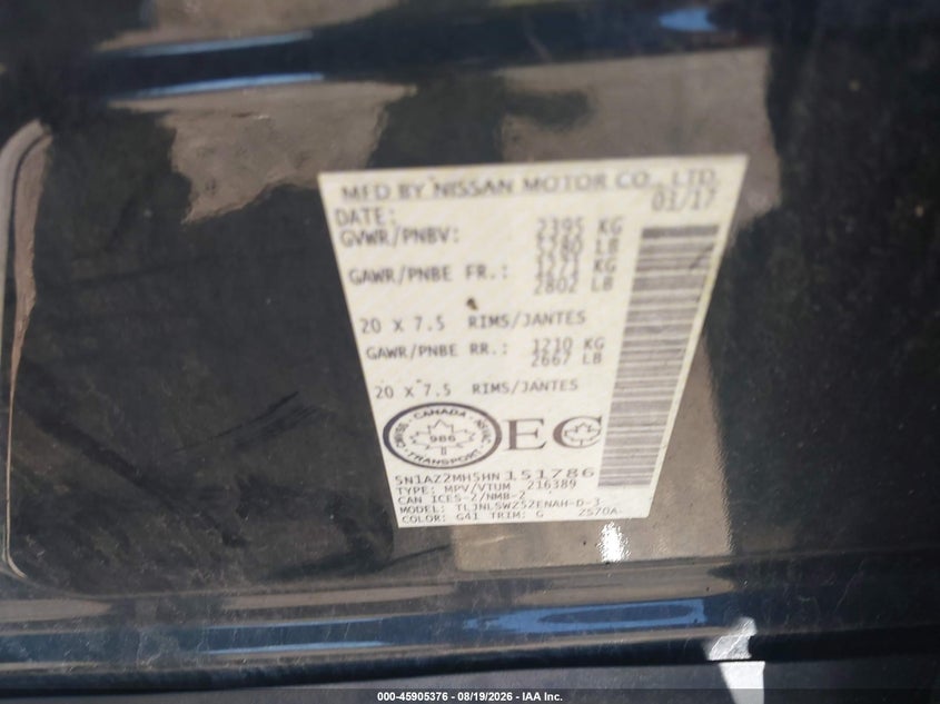 NISSAN MURANO 2017 VIN 5N1AZ2MH5HN151786