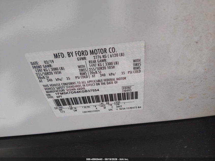 FORD EXPLORER 2019 VIN 1FM5K7D84KGB37554