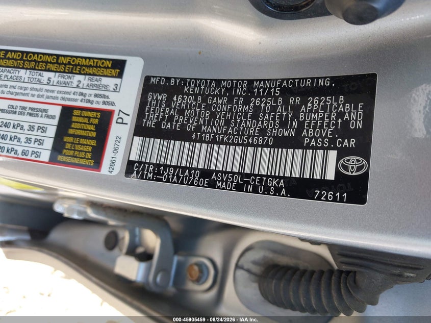 2016 TOYOTA CAMRY SEDAN 2.5L I-4 DOHC, VVT, 178HP