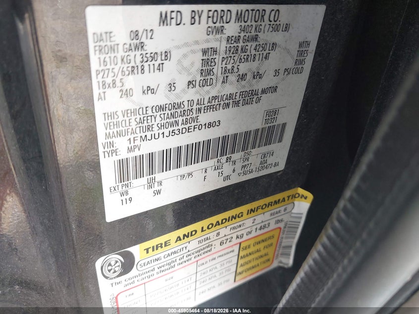 FORD EXPEDITION 2013 VIN 1FMJU1J53DEF01803
