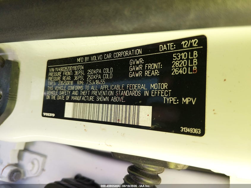 VOLVO XC70 2013 VIN YV4902BZ0D1161704