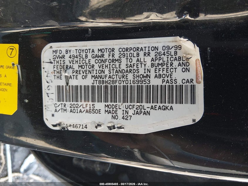 LEXUS LS 400 2000 VIN JT8BH28F0Y0169953