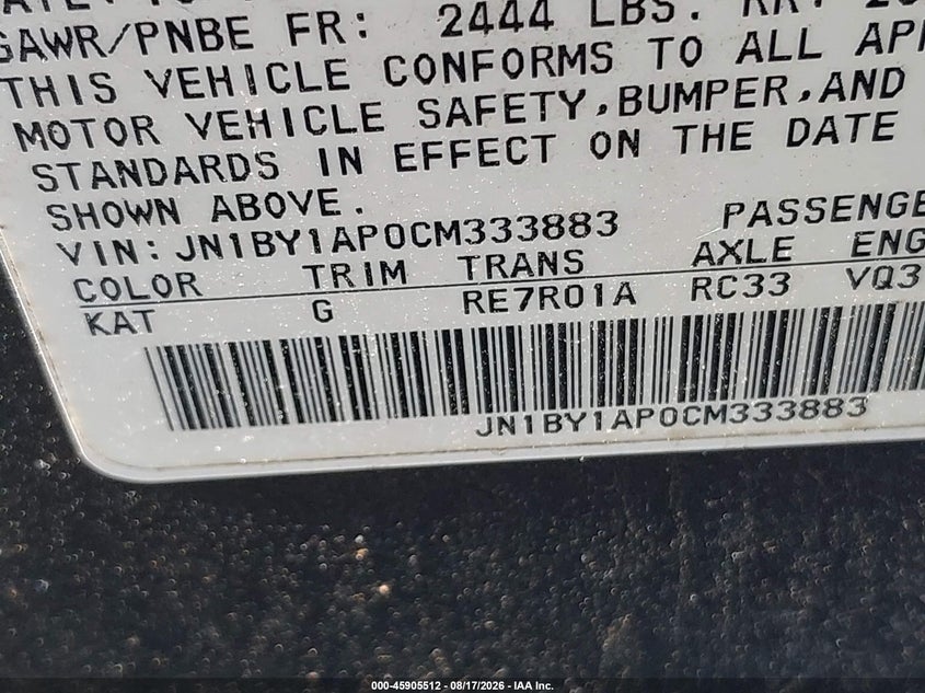 INFINITI M37 2012 VIN JN1BY1AP0CM333883