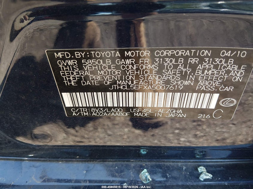 LEXUS LS 460 2010 VIN JTHCL5EFXA5007619