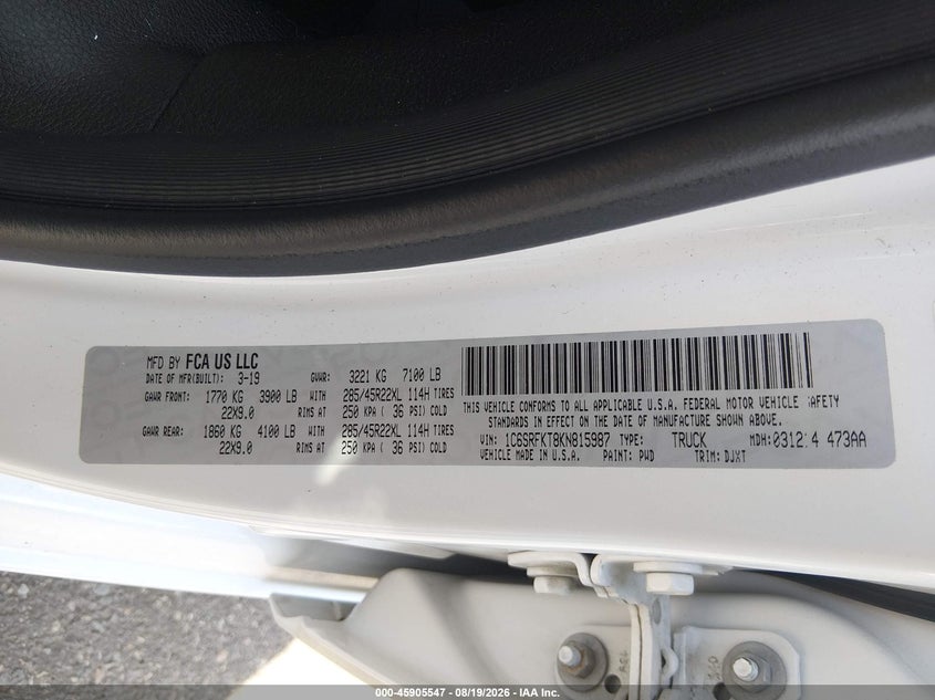 RAM 1500 2019 VIN 1C6SRFKT8KN815987
