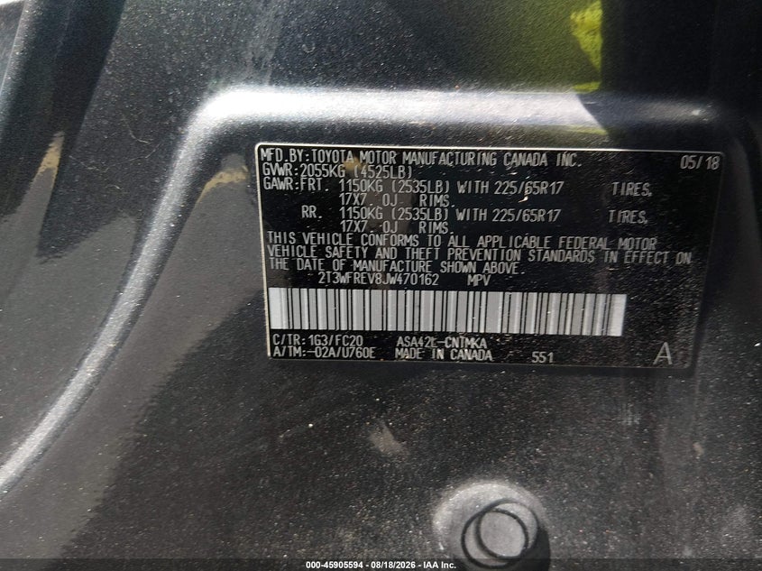 TOYOTA RAV4 2018 VIN 2T3WFREV8JW470162