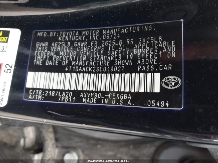 TOYOTA CAMRY 2025 VIN 4T1DAACK2SU019027