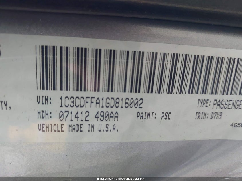 DODGE DART 2016 VIN 1C3CDFFA1GD816002