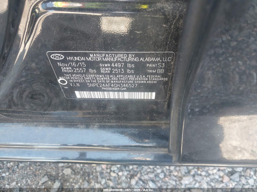 HYUNDAI SONATA 2016 VIN 5NPE24AF4GH346527