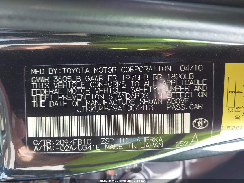 SCION XD 2010 VIN JTKKU4B49A1004413