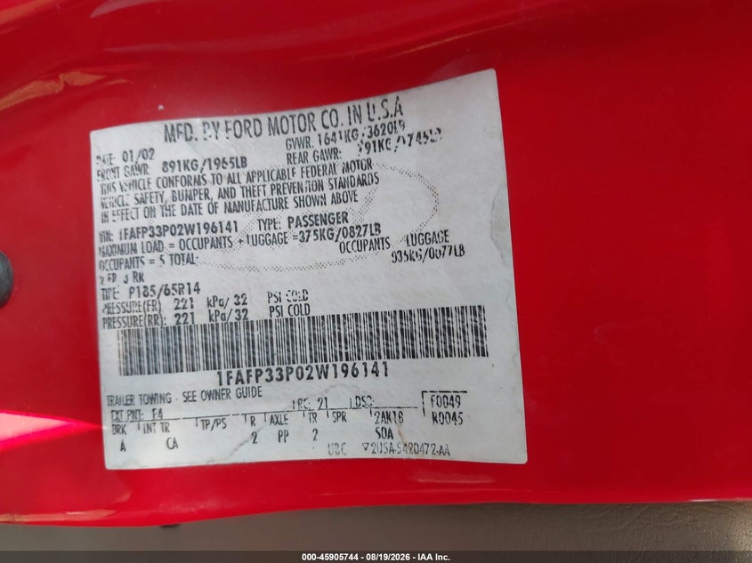 FORD FOCUS 2002 VIN 1FAFP33P02W196141