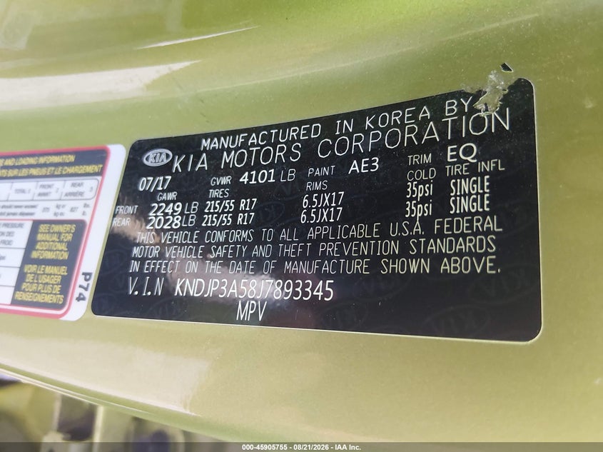 KIA SOUL 2018 VIN KNDJP3A58J7893345