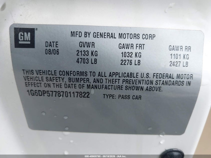 CADILLAC CTS 2007 VIN 1G6DP577870117822