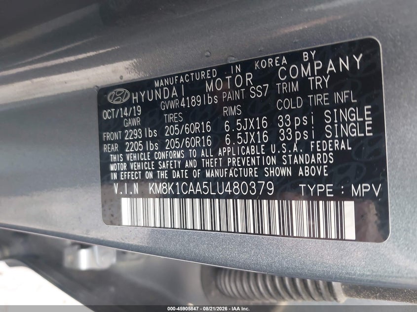 HYUNDAI KONA 2020 VIN KM8K1CAA5LU480379