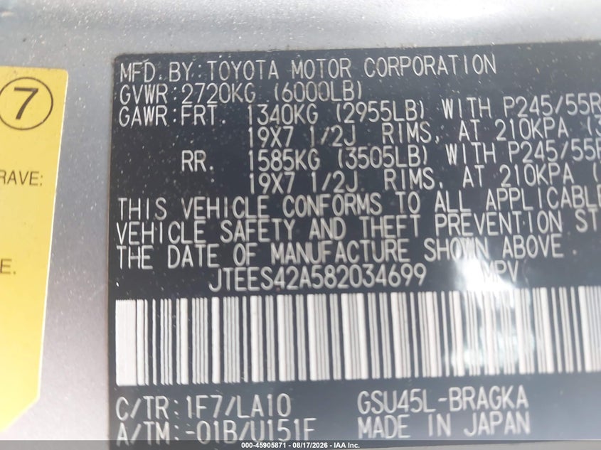 TOYOTA HIGHLANDER 2008 VIN JTEES42A582034699