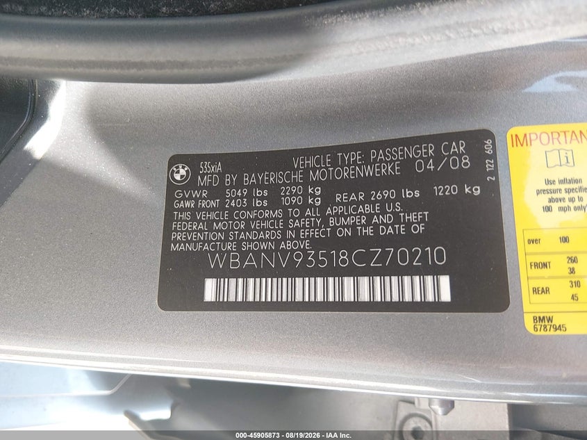 BMW 535XI 2008 VIN WBANV93518CZ70210