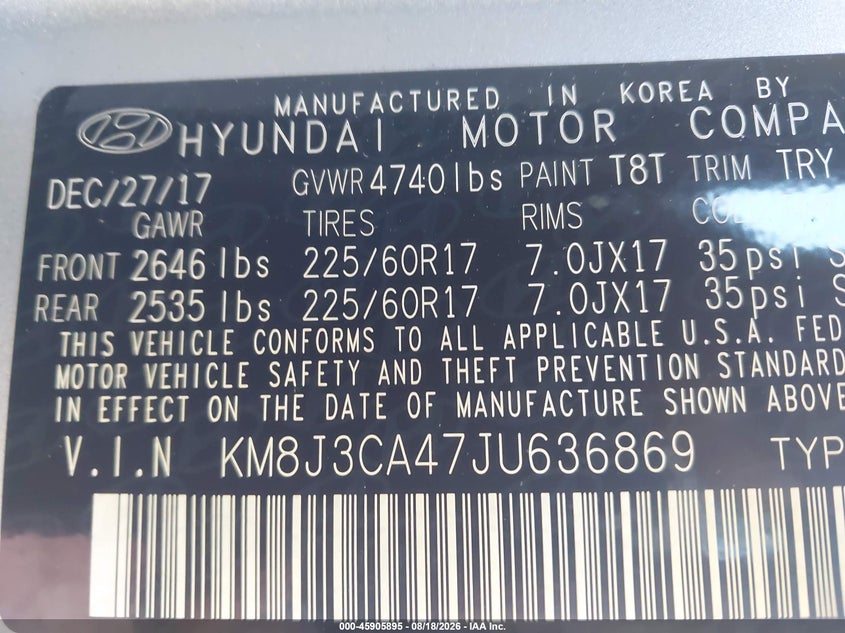 HYUNDAI TUCSON 2018 VIN KM8J3CA47JU636869