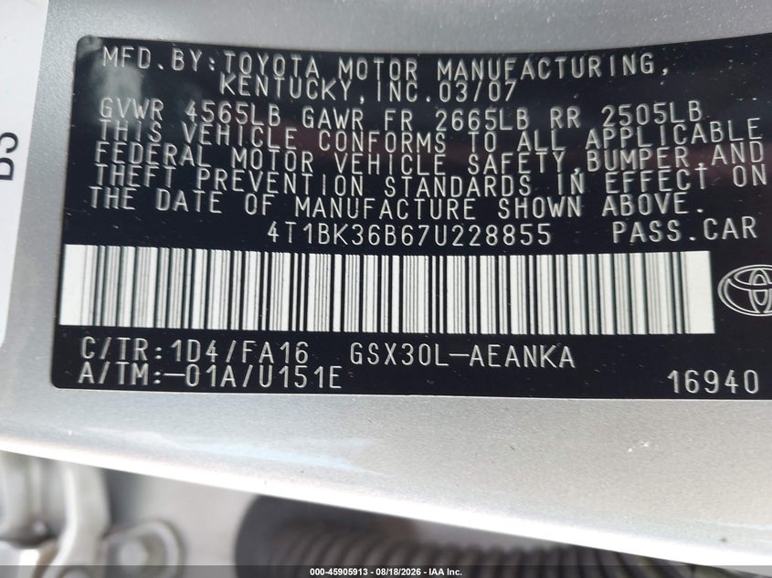 TOYOTA AVALON 2007 VIN 4T1BK36B67U228855