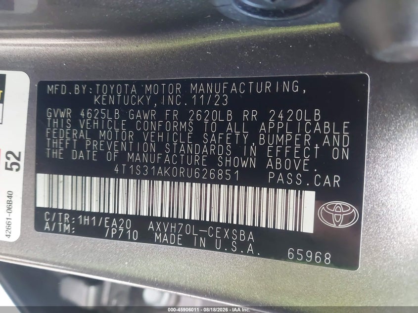TOYOTA CAMRY HYBRID 2024 VIN 4T1S31AK0RU626851