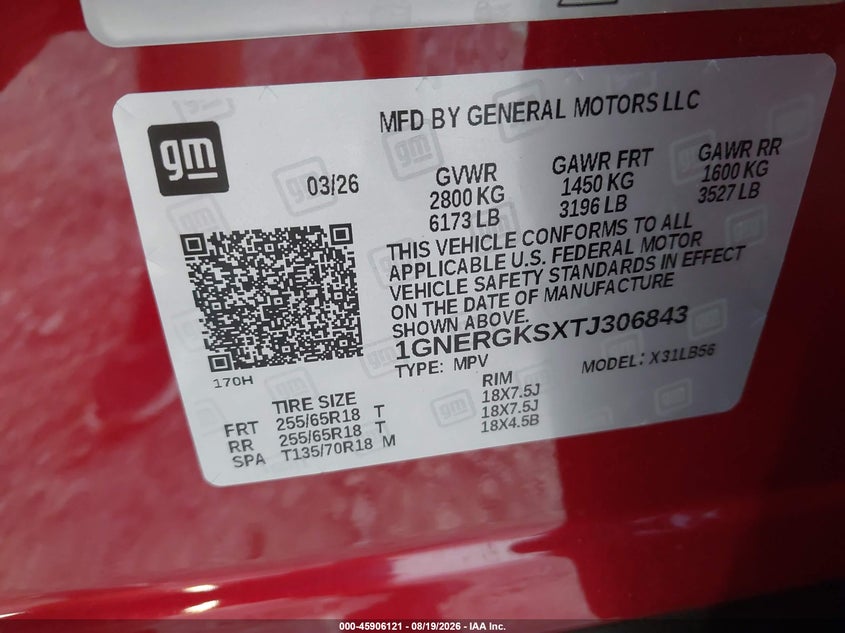 CHEVROLET TRAVERSE 2026 VIN 1GNERGKSXTJ306843