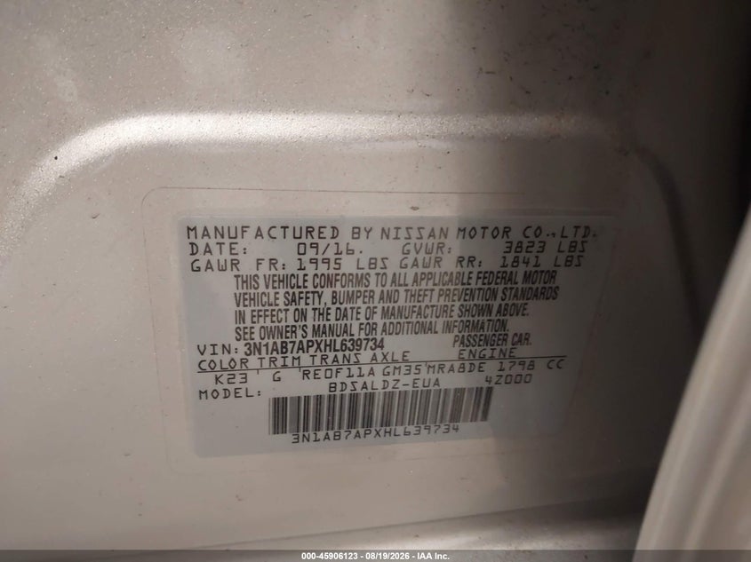 NISSAN SENTRA 2017 VIN 3N1AB7APXHL639734