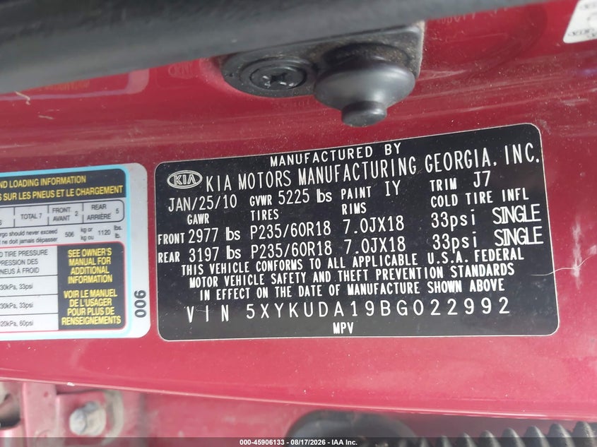 KIA SORENTO 2011 VIN 5XYKUDA19BG022992