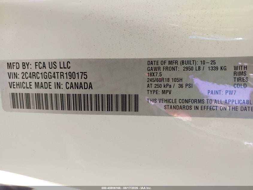 CHRYSLER PACIFICA 2026 VIN 2C4RC1GG4TR190175