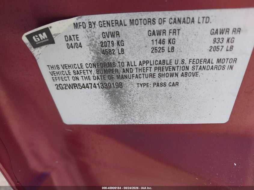 PONTIAC GRAND PRIX 2004 VIN 2G2WR544741339198