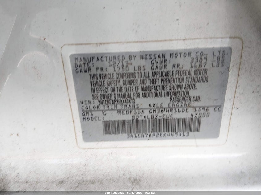 NISSAN VERSA 2014 VIN 3N1CN7AP2EK449413