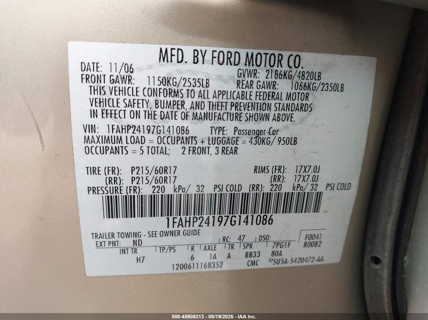 FORD FIVE HUNDRED 2007 VIN 1FAHP24197G141086