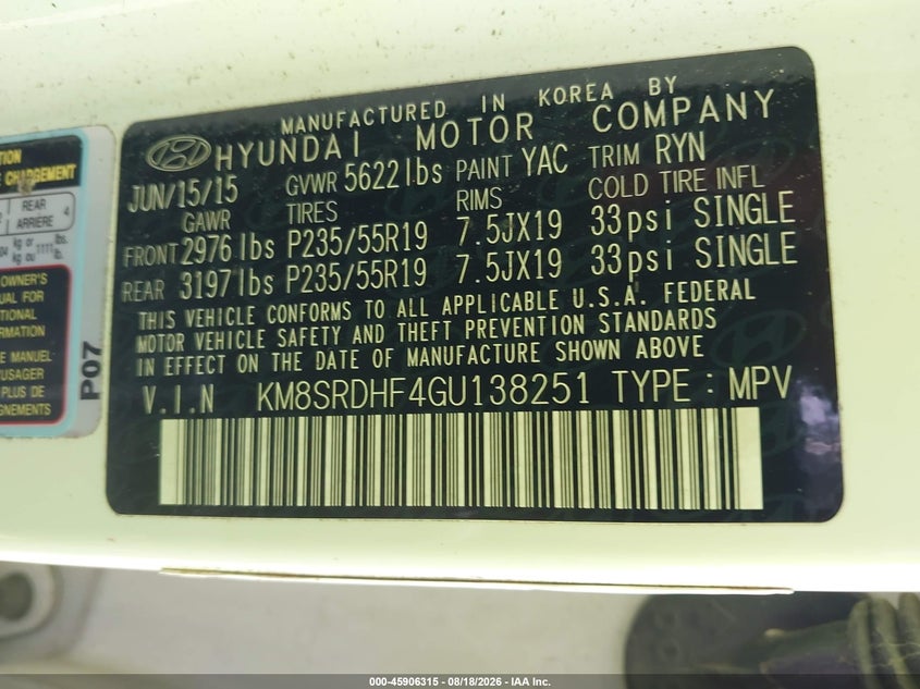 HYUNDAI SANTA FE 2016 VIN KM8SRDHF4GU138251